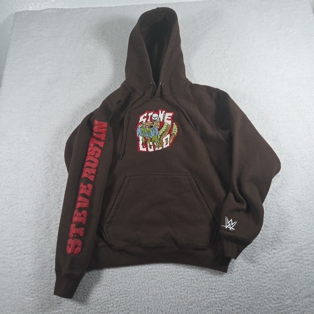 WWE X STONE COLD STEVE AUSTIN Thick Heavy Hoodie HELL YEAH Red BROWN Size Small